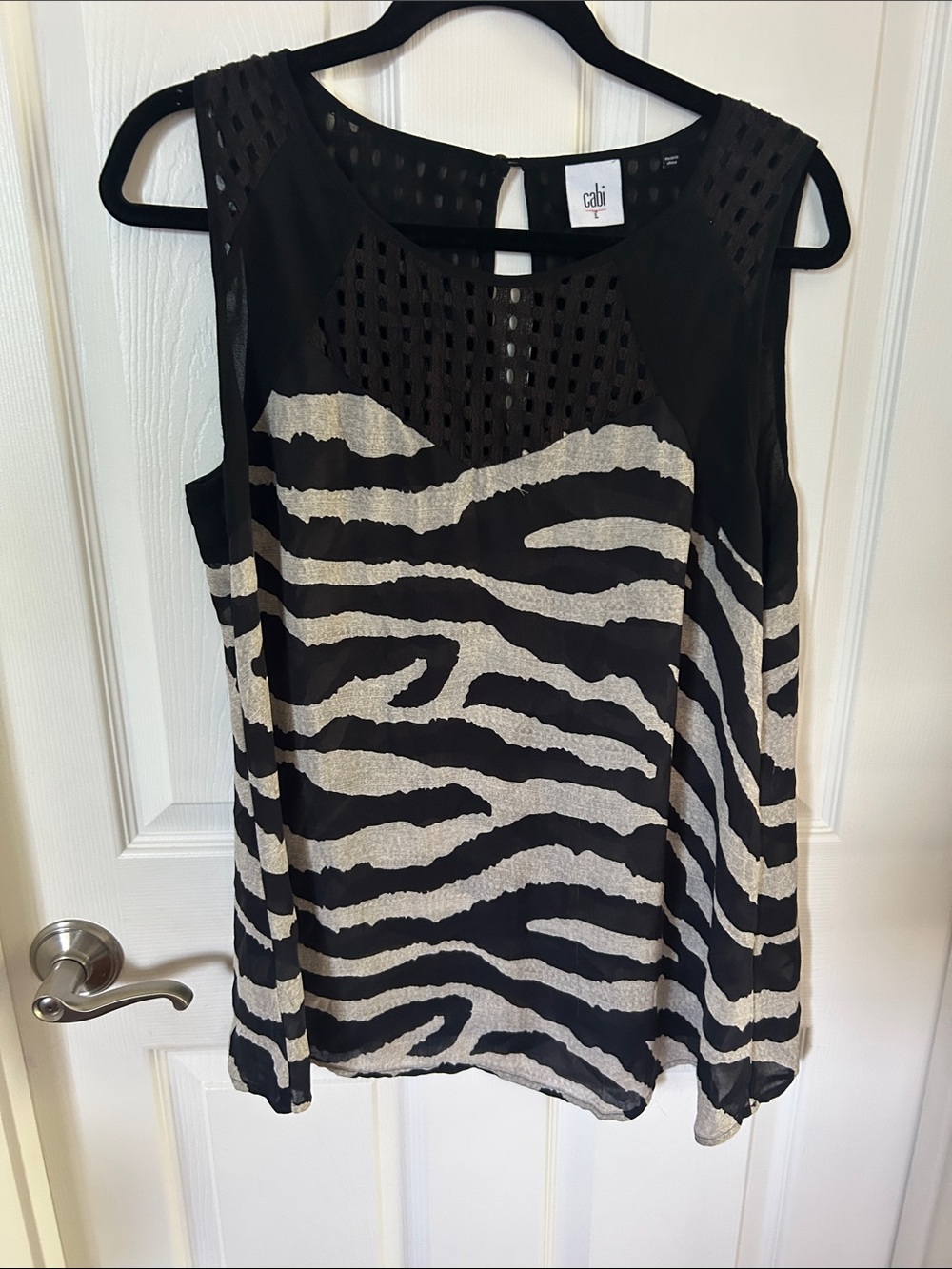 CAbi Black & Cream Mesh Yoke Zebra-Print Sleeveless Top